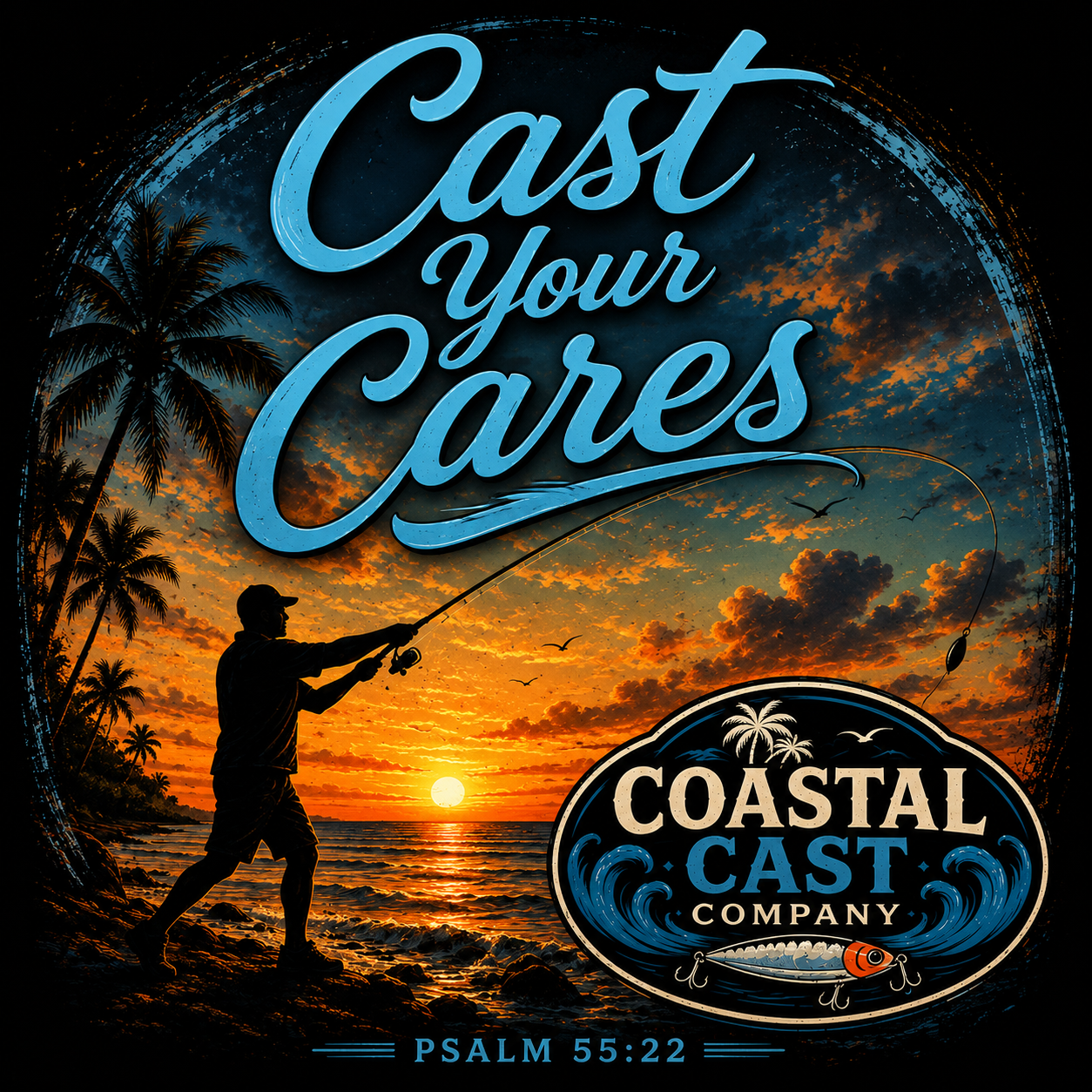 Coastal Cast Company Cast Your Cares sunset fishing T-shirt design