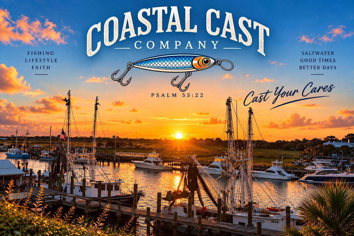 A Coastal Cast Company branded graphic over a sunset harbor scene with fishing boats docked at night. Large white 'COASTAL CAST COMPANY' text appears at the top, with a fishing lure illustration in the center and additional text including 'Fishing Lifestyle Faith' and 'Cast Your Cares.